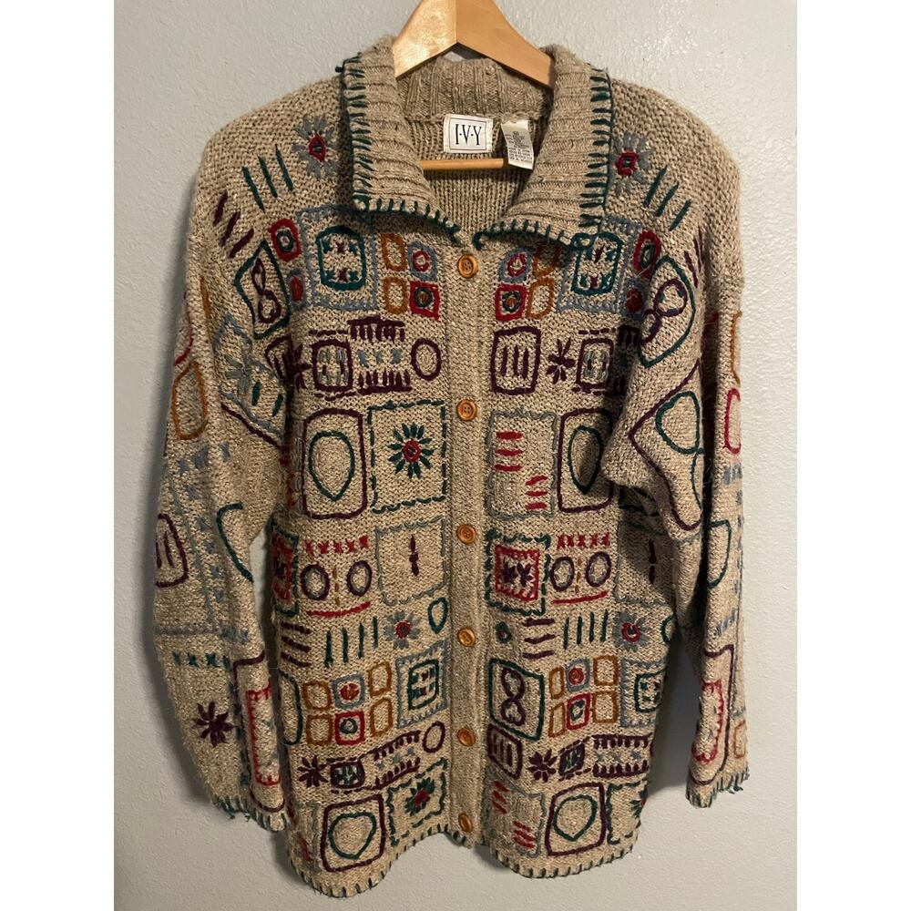 IVY Sweater Womens Medium Wool Blend Embroidered Button Cardigan Boho Art Y2K